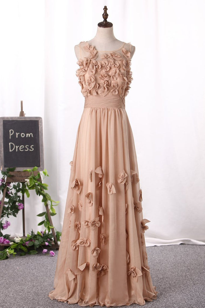 Prom Dresses Scoop A Line With Handmade Flower And Ruffles Floor