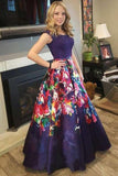 Elegant A Line Floral Satin Purple Prom Dresses with Lace, Long Dance Dresses STB15576