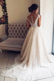 A Line Cap Sleeve Lace V Neck Chiffon Ivory Beads Wedding Dresses, Wedding Gowns STB14996