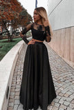 Long Sleeves Scoop Prom Dresses A Line Satin With Applique Two