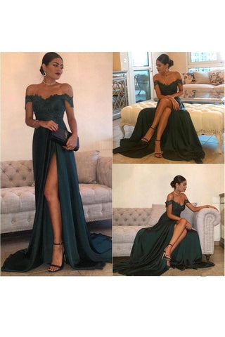 A Line Off The Shoulder Prom Dresses Stretch Satin With Applique And
