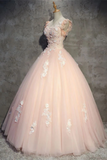 Tulle Long Prom Dress With Flowers, Princess Ball Gown Sheer Neck Party