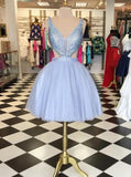 Dramatic V-neck Sleeveless Short Lavender Ball Gown Homecoming Dress Beaded