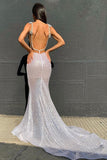 Sexy Deep V Neck Sequined Prom Dresses, Stunning Backless Mermaid Evening Dresses STB15595