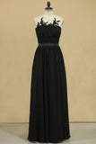 Black Scoop A Line Evening Dresses Chiffon With Sash & Applique