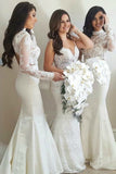 Long Sleeve Mermaid High Neck Ivory Bridesmaid Dress with Lace,Wedding Party STB20486
