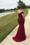 Mermaid Off the Shoulder Burgundy Prom Dresses with Slit, Lace Appliques Evening Dress STB15264