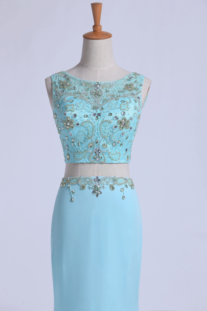 Two Pieces Prom Dresses Scoop Sheath With Beading Sweep