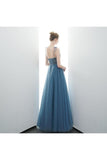 A-Line Spaghetti Straps Lace Up Back Beading Tulle Long Prom