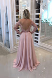 Boat Neck Long Sleeves Prom Dresses A Line Chiffon With Applique And