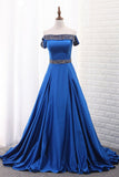 A Line Prom Dresses Boat Neck Satin With Beads Sweep