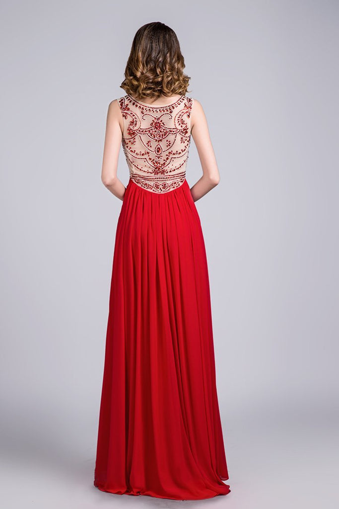 Hot Selling Scoop A Line Full Length Red Prom Dress Beaded Tulle Bodice With Chiffon Skirt