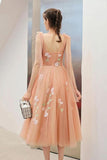 Cute Tea Length A Line Pink Short Prom Dress Sweet 16 Dresses with Hand Made Flower STB15138