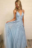 Prom Dress Tulle A-Line V-Neck Floor Length With