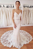 Elegant Spaghetti Straps Mermaid V Neck Lace Wedding Dresses Beach Bridal Dresses STB15202
