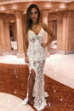 Elegant V Neck Off White Lace Appliques Mermaid Spaghetti Straps Long Prom Dresses STB15214
