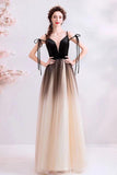 Spaghetti Straps Black Deep V Neck Formal Dress, Floor Length Tulle Ombre Prom Dresses STB15409