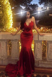Chic Red Spaghetti Straps Mermaid V Neck Prom Dresses with Appliques, Formal Dresses STB15571