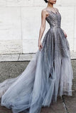 Gray tulle sequins round neck see-through long prom dress train