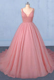 Ball Gown V Neck Tulle Prom Dress with Beads, Puffy Pink Sleeveless Quinceanera Dresses STB15074