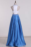 Bicolor Scoop A Line Prom Dresses Satin With Beading Sweep