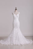 Wedding Dress V Neck With Applique Mermaid/Trumpet Tulle Chapel