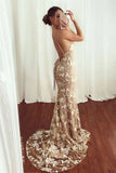 Sexy Mermaid V neck Lace Appliques Long Prom Dresses Spaghetti Straps Formal Dresses STB15342