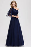 Simple A Line One Shoulder Navy Blue Tulle Prom Dresses Cheap Formal Dresses STB15382