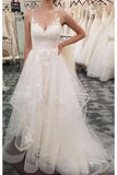 Spaghetti Straps Tulle Beach Wedding Dress With Lace Appliques, Long Bridal