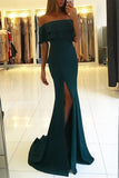 Elegant Off the Shoulder Royal Blue Mermaid Ruffle Sleeve Satin Long Prom Dresses SRS15190