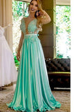 A Line Scoop Prom Dresses Elastic Satin With Applique And