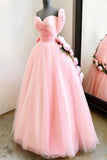 Charming Ball Gown Sweetheart Long Prom Dresses, Pink Sweet 16 Dress With Handmade Flowers STB15094