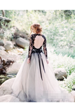 Long Sleeves Wedding Dresses Black Appliques Bridal Dresses