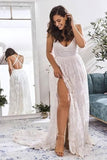 Elegant A Line V Neck Lace Ivory Beach Wedding Dresses with Slit, Bridal Gowns STB15579