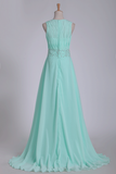 Mint Prom Dresses A-Line Bateau Chiffon With Beads And Ruffles Floor-Length