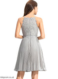 Chiffon Knee-Length Sarai Pleated Cocktail Lace Dress Neck A-Line Scoop Cocktail Dresses With