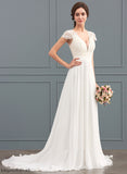 With V-neck Sweep Lace Wedding Dresses Train Chiffon Azul A-Line Dress Wedding Ruffle
