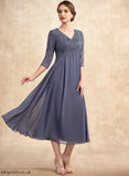 the Bride Dress Phoenix Tea-Length Lace Mother of the Bride Dresses A-Line Beading Mother Chiffon With V-neck of