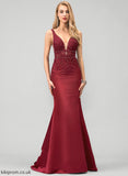 V-neck Lena Satin Beading Train Lace Prom Dresses With Trumpet/Mermaid Sequins Sweep