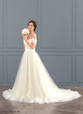 Ball-Gown/Princess Train Tulle Carlie Lace Wedding Court Wedding Dresses Off-the-Shoulder With Ruffle Dress