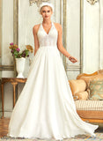 A-Line Dress Wedding Sweep Chiffon Halter Lace Sidney Train Wedding Dresses