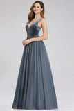 A-Line V-Neck Sleeveless Blue Floor-length Evening Dress Cheap Prom Dresses STB15055