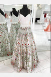 A-Line Spaghetti Straps White Appliqued Cheap Prom Dresses, V Neck Long Evening Dresses STB15052