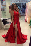 Red V Neck Evening Dresses A Line Sweep Train With Slit And