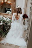 A-Line Ivory Sweep Train Tulle Long Sleeves Long Beach Wedding Dresses With