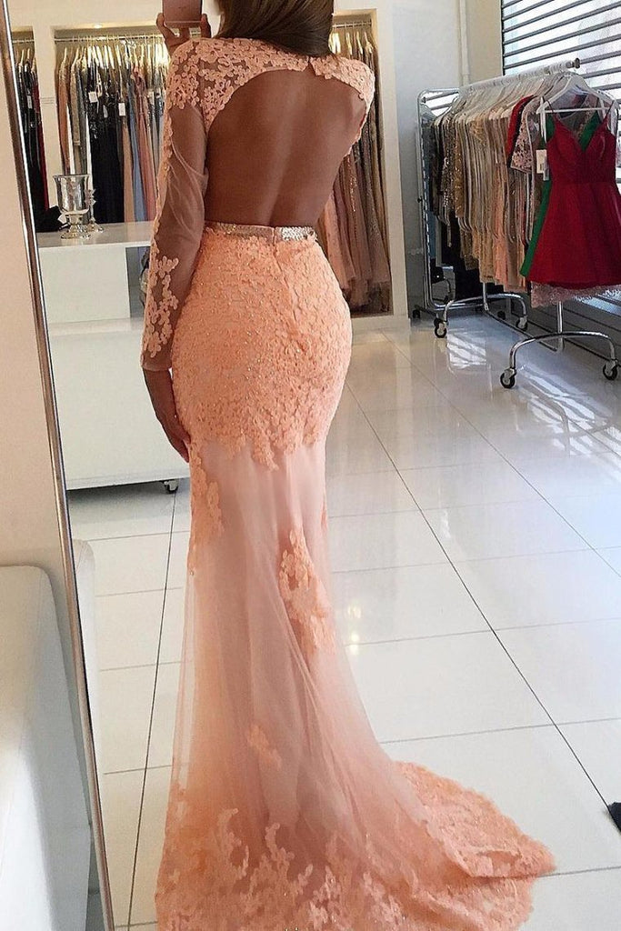 Prom Dresses Mermaid Scoop Long Sleeves With Applique Tulle Sweep