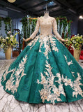 Ball Gown Long Sleeve Satin Beads Prom Dresses, Quinceanera Dresses with Appliques STB15059