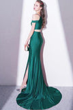 2024 Elegant Green Off Shoulder Two-Piece Slit Mermaid Bateau Prom SRS10078