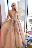 Charming A Line V Neck Beads Tulle Prom Dresses With Appliques, Floor Length Formal