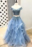 Blue Off the Shoulder Two Pieces Tulle Beads Prom Dresses with Lace Appliques STB15500